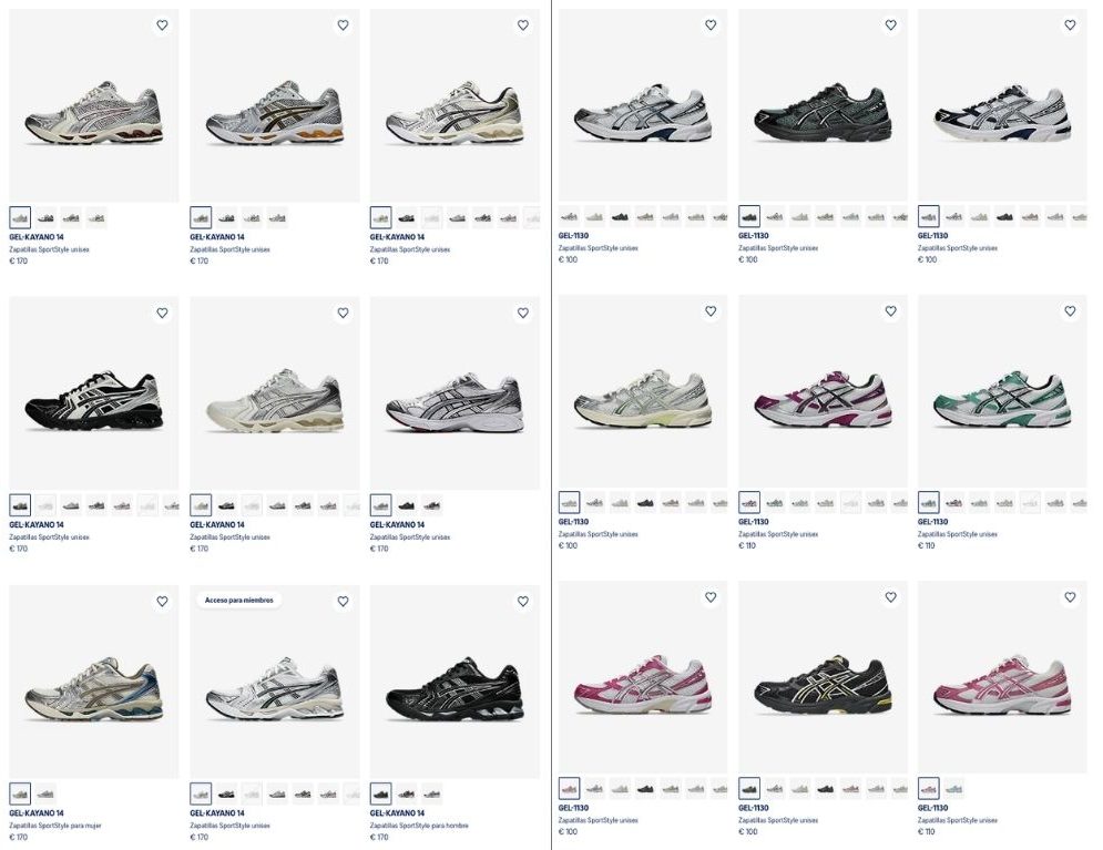 Grid de colorways activos Gel-1130 y Gel-Kayano 14